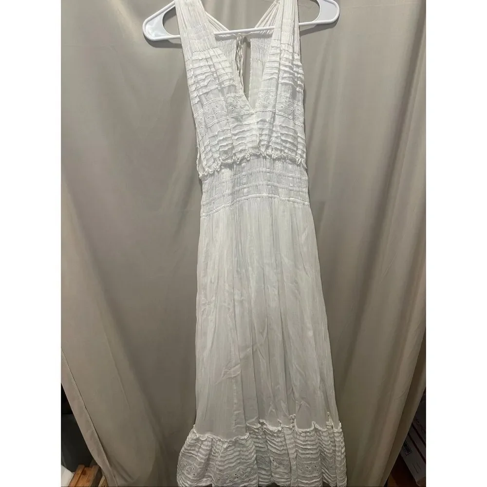Free People FP One White Gauze Eyelet Smocked Plunge Maxi Dress Boho